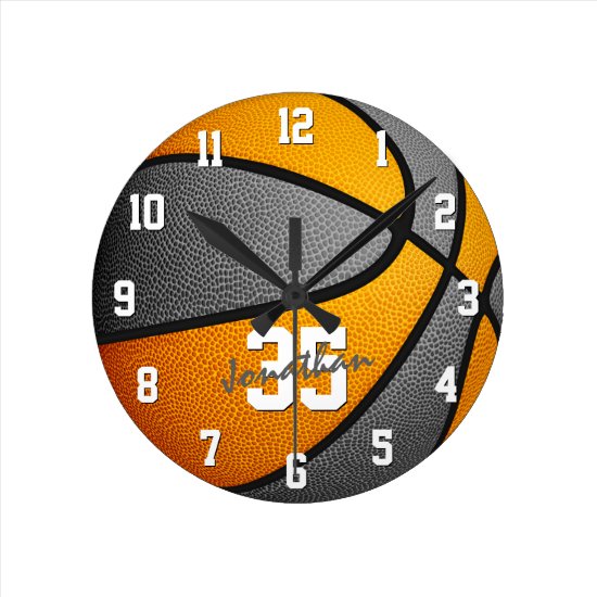 orange gray boys girls basketball personalized round clock