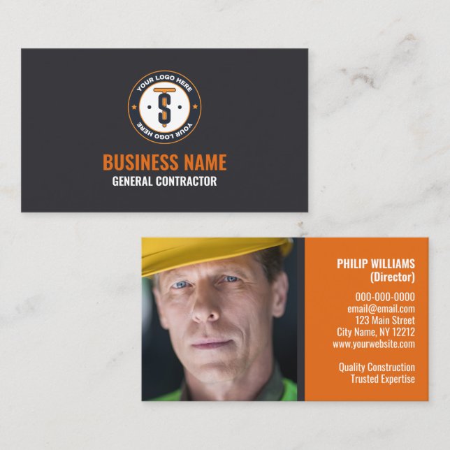 Orange Gray Business Logo Contractors Business Card (Front/Back)