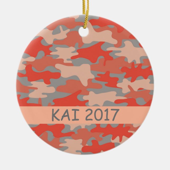 Orange Gray Camo Camouflage Name Personalized Ceramic Ornament (Front)