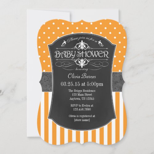 Orange Gray Chalkboard Stripes Baby Shower Invite