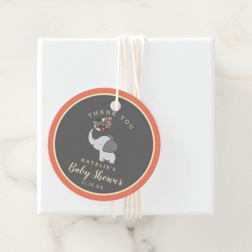 Orange  Gray Cute Elephant Baby Shower Thank You Favor Tags