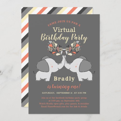 Orange  Gray Cute Elephant Virtual Birthday Party Invitation