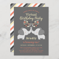 Orange & Gray Cute Elephant Virtual Birthday Party Invitation