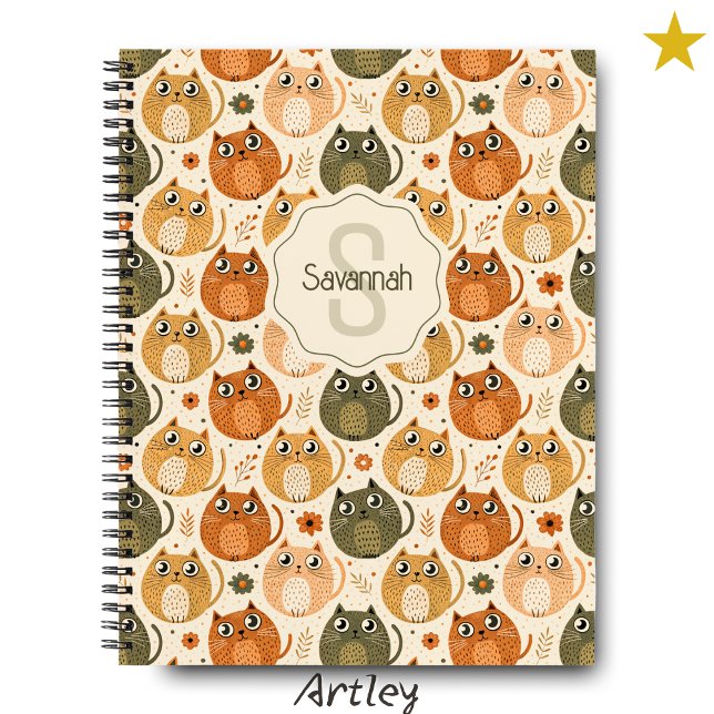 Orange Gray Cute Fat Cats Name Monogram Notebook (Creator Uploaded)