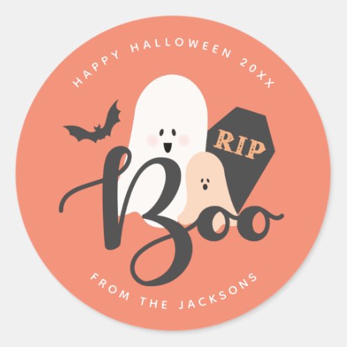 Orange Gray Cute Ghost Boo Halloween  Classic Round Sticker