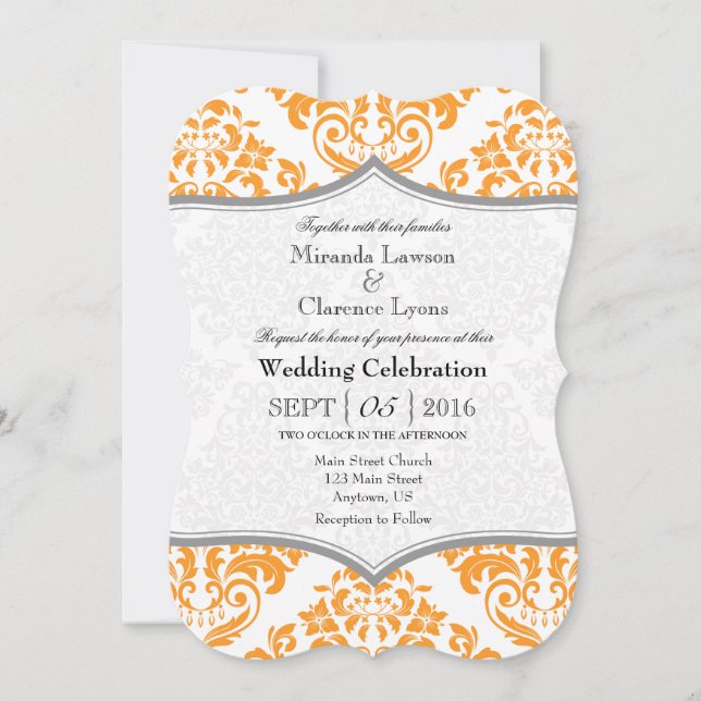 Orange Gray Damask Bracket Wedding Invite (Front)