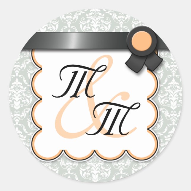 Orange & Gray Damask Double Monogram Stickers (Front)