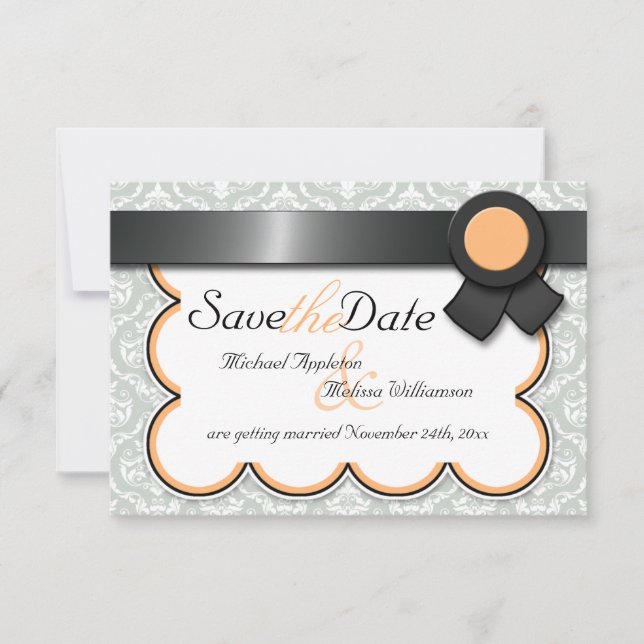 Orange & Gray Damask Save the Date Announcements (Front)