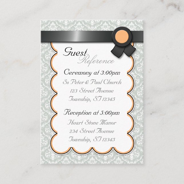 Orange & Gray Damask Wedding Guest Reference Cards (Front)
