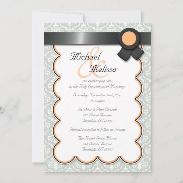 Orange & Gray Damask Wedding Invitations (Front)
