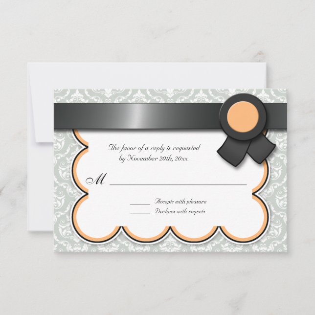 Orange & Gray Damask Wedding Reply / RSVP Cards (Front)