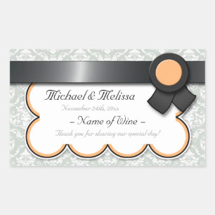 Orange & Gray Damask Wedding Wine Bottle Labels