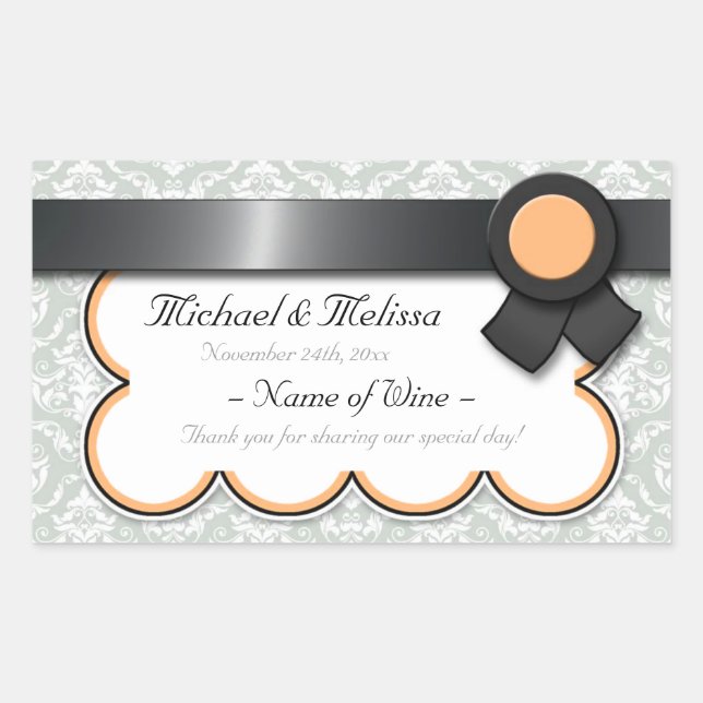 Orange & Gray Damask Wedding Wine Bottle Labels (Front)