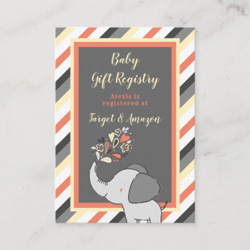 Orange  Gray Elephant Baby Shower Gift Registry Enclosure Card