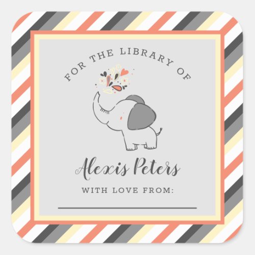 Orange Gray Elephant Baby Shower Library Bookplate