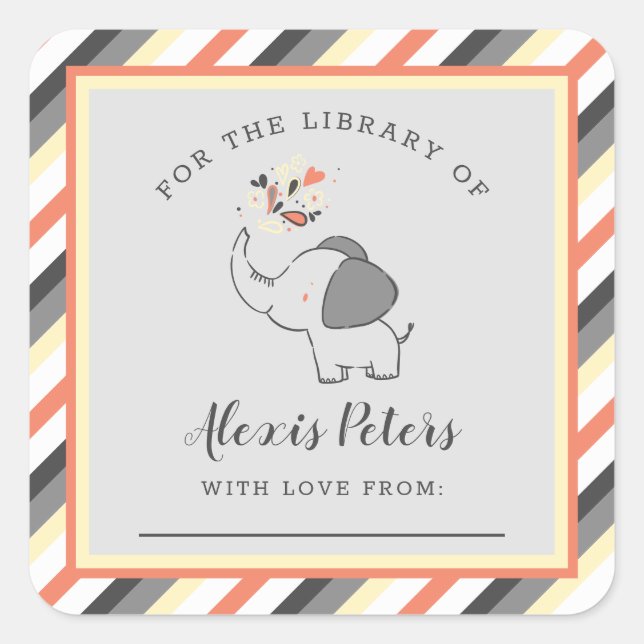 Orange Gray Elephant Baby Shower Library Bookplate (Front)