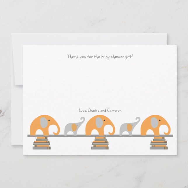 Orange Gray elephants book baby shower thank you Card (Front)
