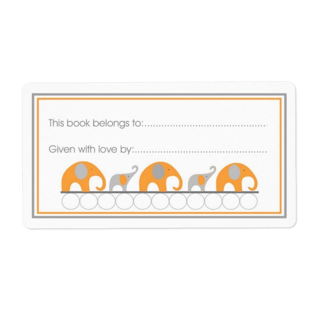 Orange & Gray Elephants Bookplate Fill-in style (Front)