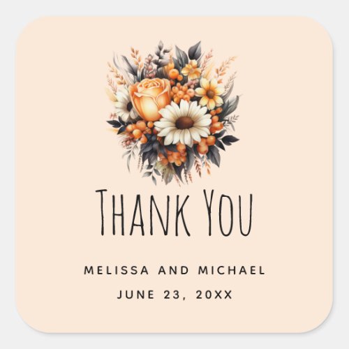 Orange Gray Floral Bouquet Wedding Thank You Square Sticker