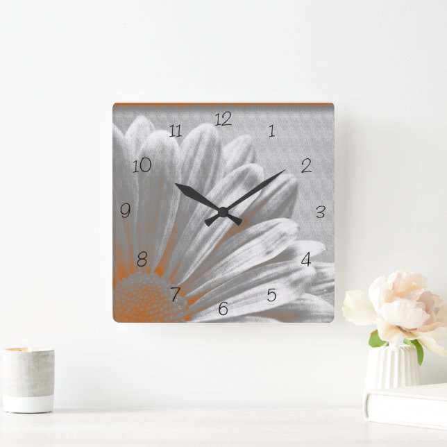 Orange Gray Floral Highlights  Square Wall Clock (Home)