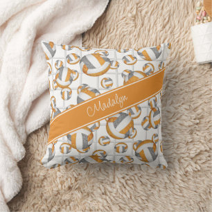 Orange gray girly volleyballs pattern net accent throw pillow