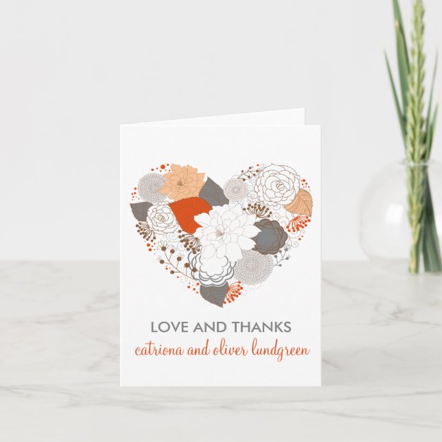 Orange & Gray Heart Flowers Wedding Thank You Card (Front)