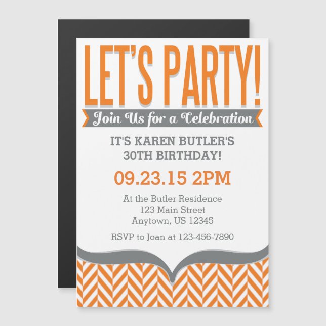 Orange Gray Modern Magnetic Birthday Invitations (Front/Back)