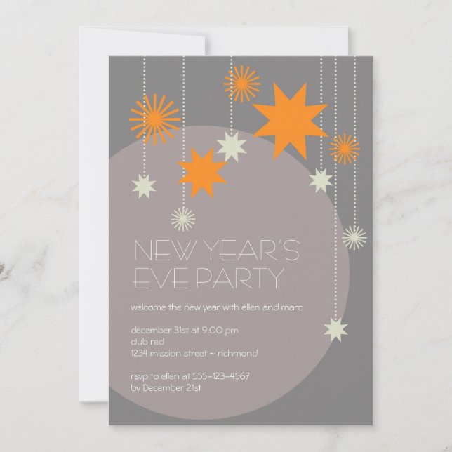 Orange gray modern star fireworks sparkle ball invitation (Front)