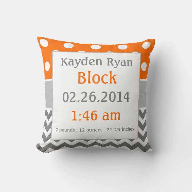 Orange Gray Personalized Baby Announcement Pillow (Front)