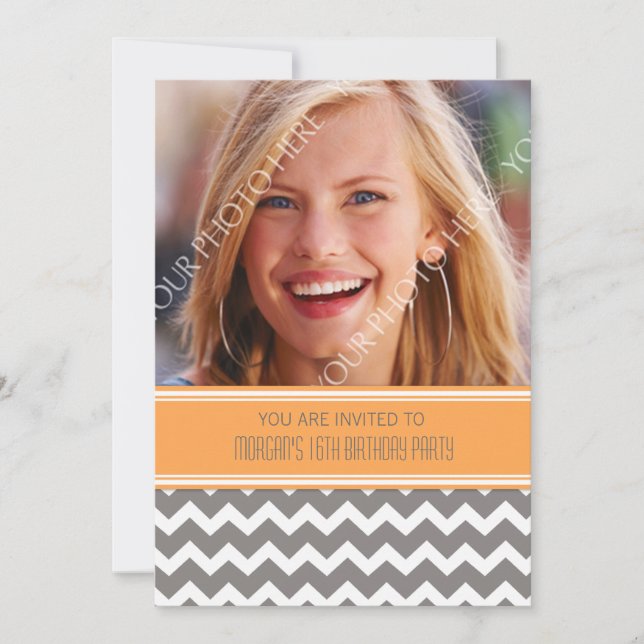Orange Gray Photo 16th Birthday Party Invitations (Front)