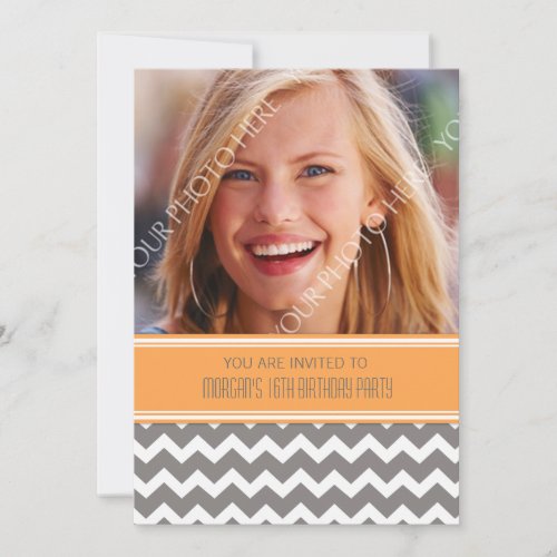 Orange Gray Photo 16th Birthday Party Invitations