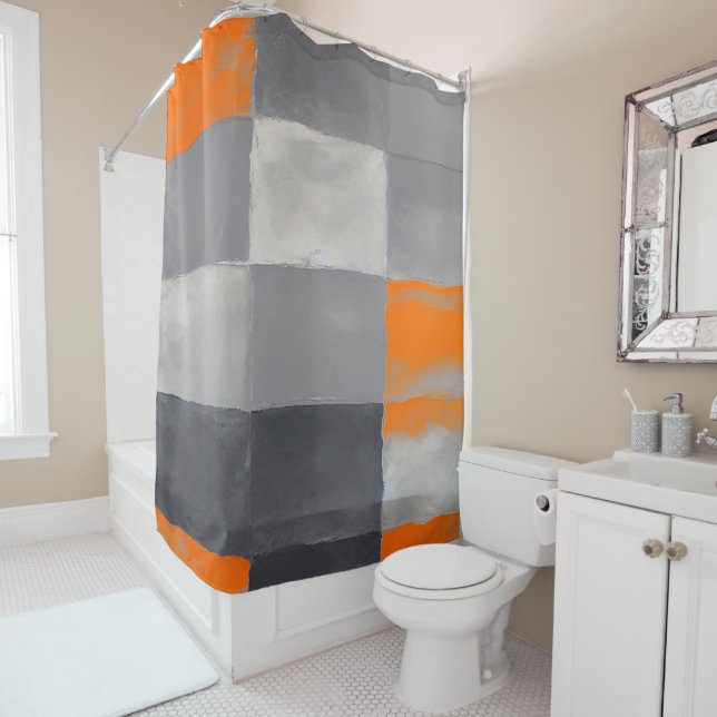 Orange Gray Plaid Abstract  Shower Curtain (In Situ)