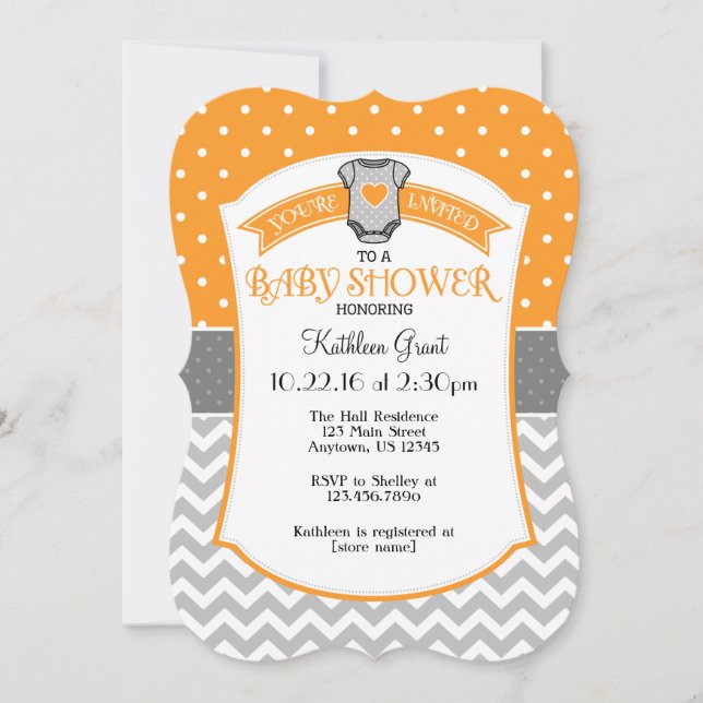 Orange Gray Polka Dot Chevron Baby Shower Invite (Front)