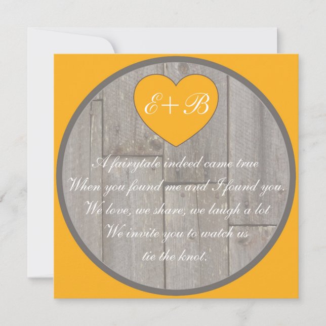 Orange gray rustic heart rhyming wedding invites (Front)