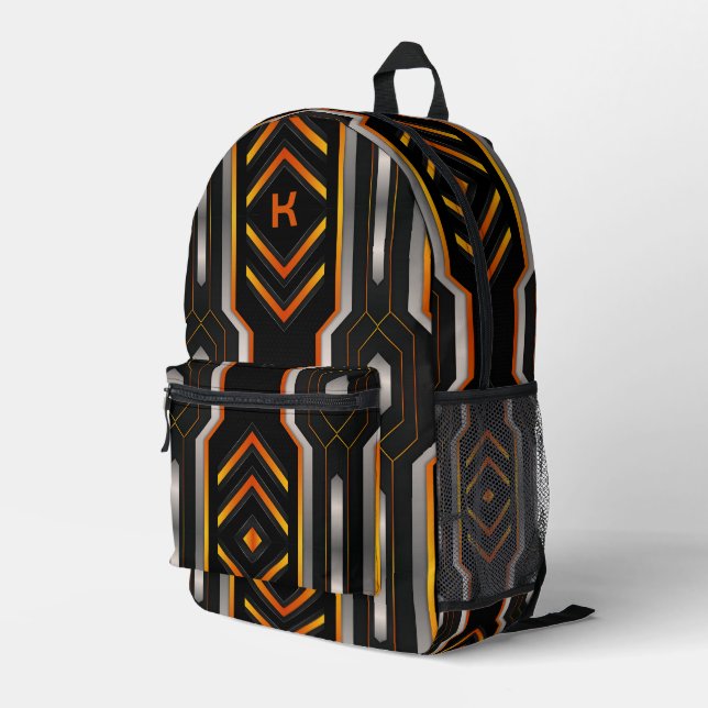 Orange, gray & silver gaming geometric background printed backpack (Back Corner Right)