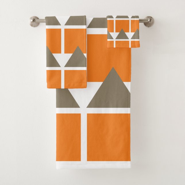 Orange Gray Square Triangle Geometric Bath Towel Set (Insitu)