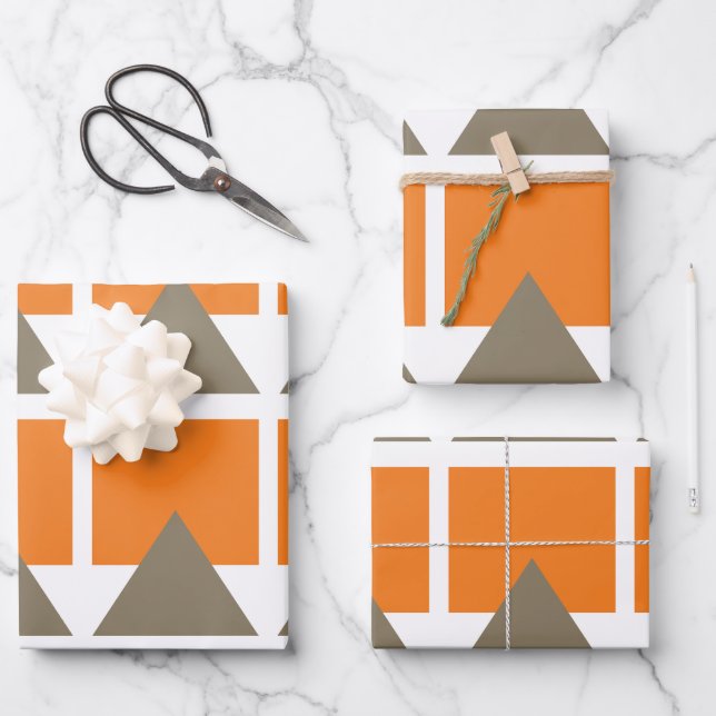 Orange Gray Square Triangle Geometric Wrapping Paper Sheets (Front)