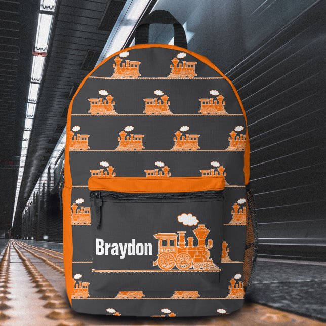 Orange gray steam train kids named  printed backpack (Creator Uploaded)