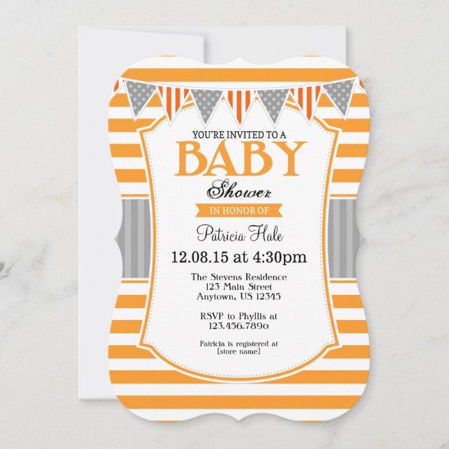 Orange Gray Stripes Baby Shower Invitation (Front)