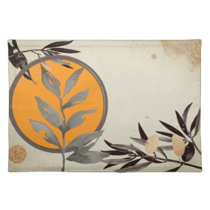 Orange & Gray Watercolor Botanical Leaves Cloth Placemat