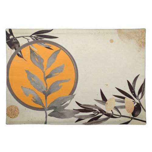 Orange  Gray Watercolor Botanical Leaves Cloth Placemat