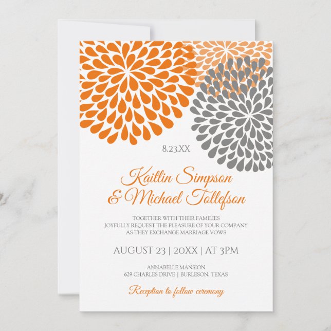 Orange & Gray Wedding Invitations | Floral & Fun (Front)