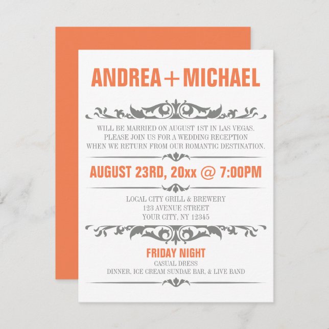 Orange & Gray Wedding Reception ONLY Invitations (Front/Back)