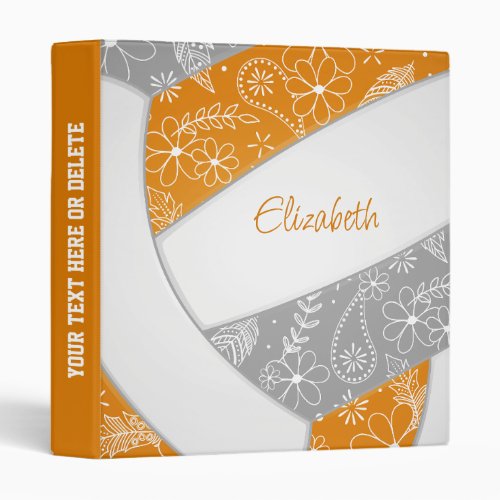 orange gray with feathers pattern girls volleyball 3 ring binder
