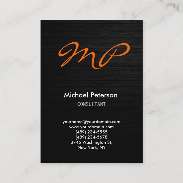 Orange Gray Wood Pattern Monogram Business Card (Front)