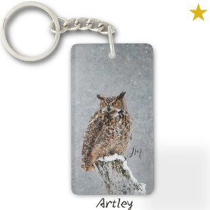 Orange Great Horned Owl Bird Painting Initials  Keychain