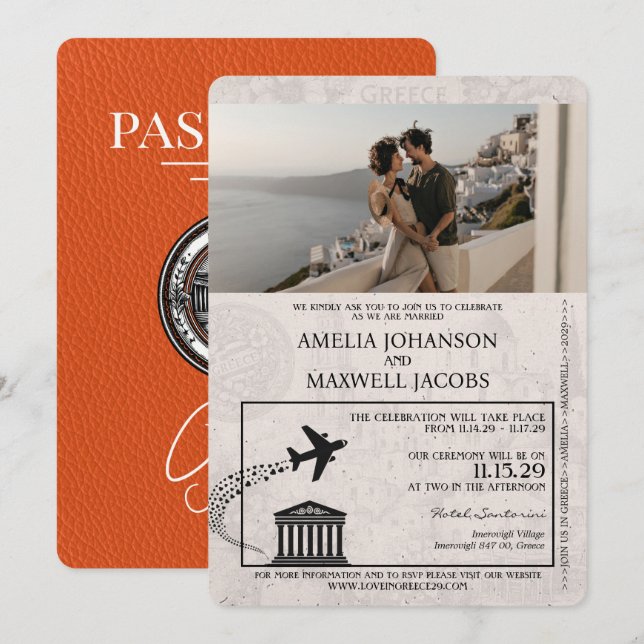 Orange Greece Passport Wedding Invitation (Front/Back)
