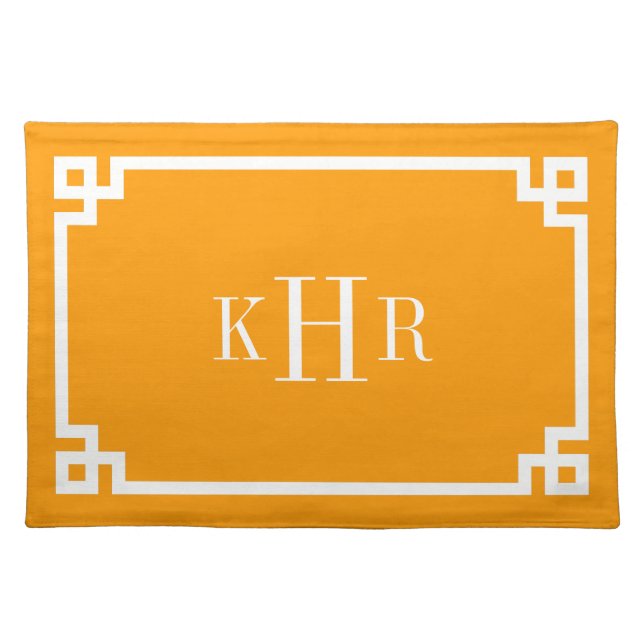 Orange Greek Key Border Custom Monogram Cloth Placemat (Front)