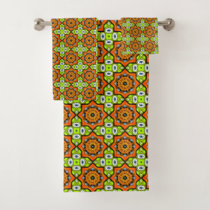 Orange, green and blue patterned bath towel set