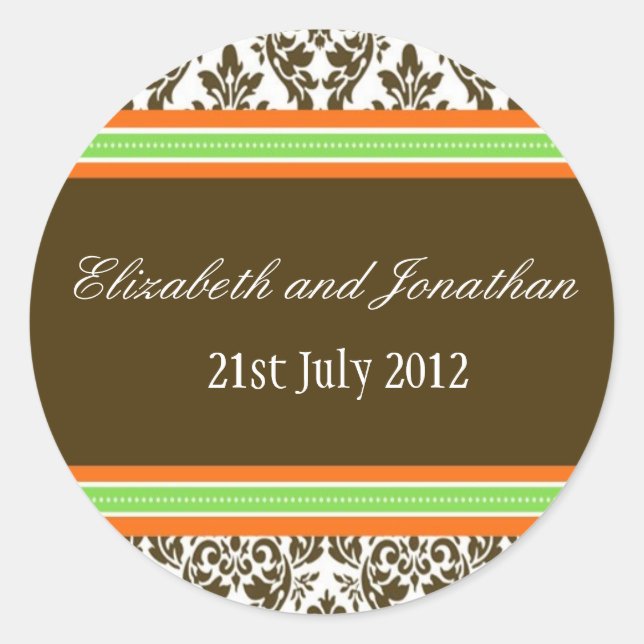 Orange Green and Brown Damask Wedding Sticker (Front)